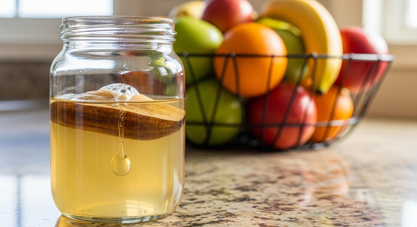 Gros plan sur un bocal en verre transparent contenant du vinaigre de cidre, une tranche de fruit trop mûr et une goutte de liquide vaisselle, posé sur un plan de travail de cuisine à côté d’une corbeille de fruits colorés.