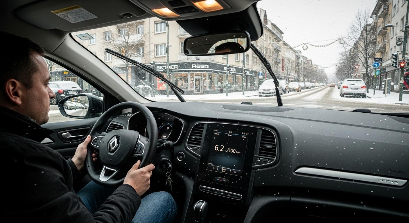 Un conducteur au volant d'une Renault Mégane, roulant en ville par une journée d'hiver, affichant une consommation inférieure à 6,5 L/100 km sur l'ordinateur de bord.