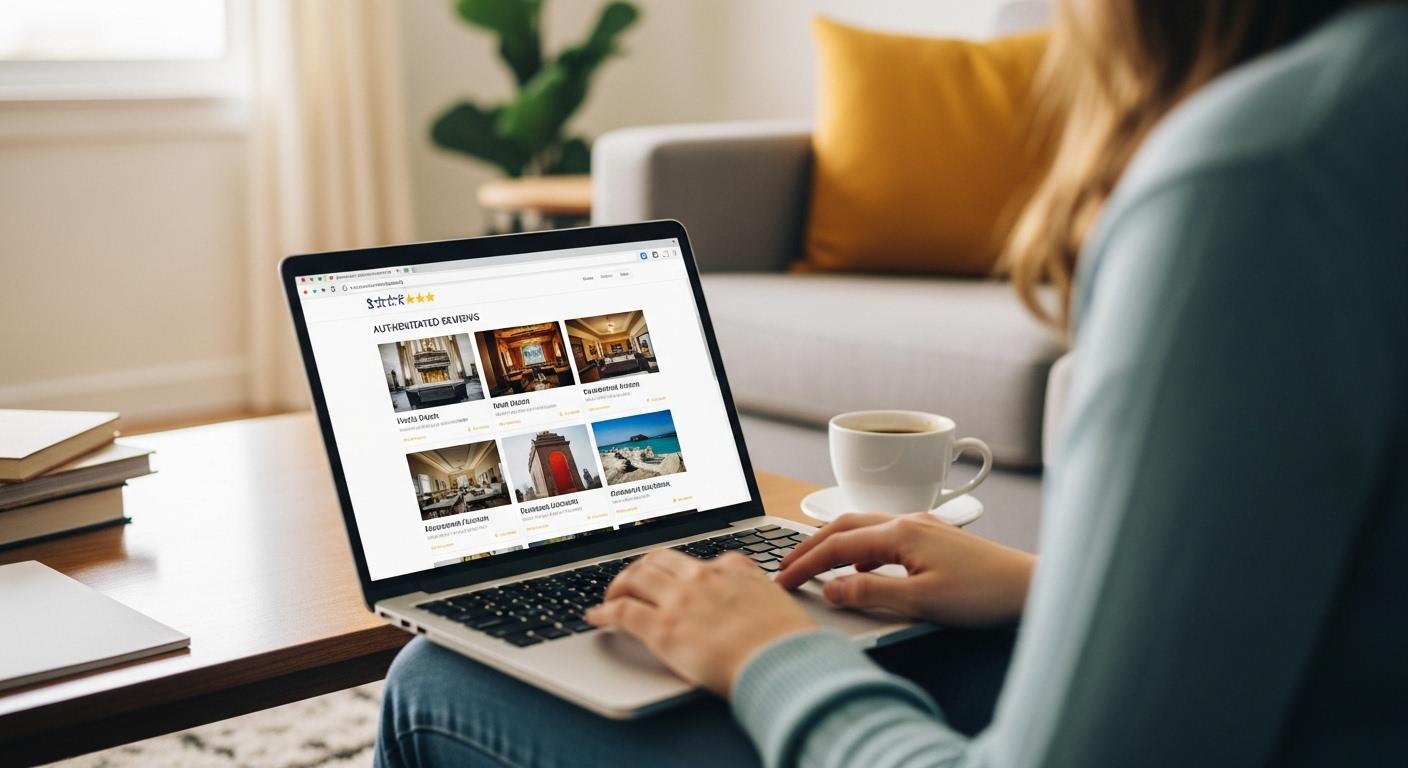 Un utilisateur consulte sur son ordinateur portable une page web affichant différents avis authentifiés sur des hôtels, restaurants et activités, dans un salon lumineux avec une tasse de café à côté.
