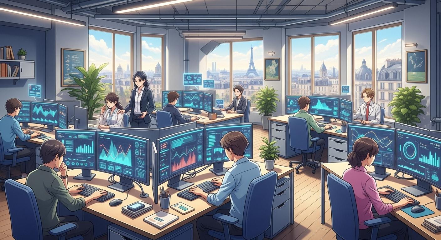 Vue animée d’un open space moderne à Paris avec des jeunes professionnels travaillant sur des ordinateurs, écrans affichant des graphiques de réseaux sociaux et de data, ambiance dynamique, lumière naturelle filtrée par des baies vitrées donnant sur la ville.