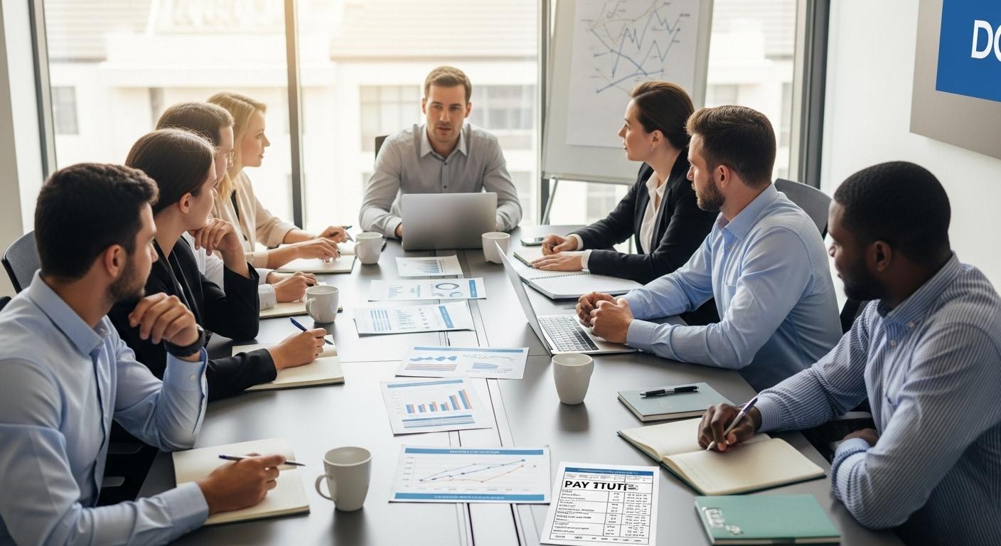 Des salariés assis autour d'une grande table de réunion, en train de discuter avec des représentants de la direction, des documents sur la table affichant des graphiques et des bulletins de paie, dans une salle lumineuse d’entreprise.