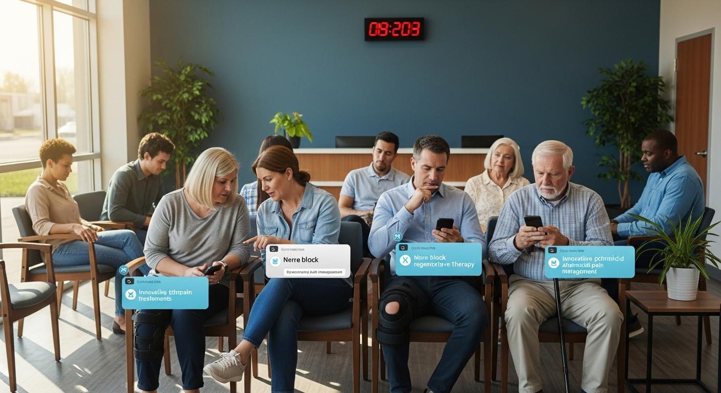 Un groupe de patients d’âges variés assis dans la salle d’attente d’une clinique, certains échangeant à voix basse, d’autres consultant un forum de discussion sur leur téléphone à propos de traitements innovants contre la douleur chronique.