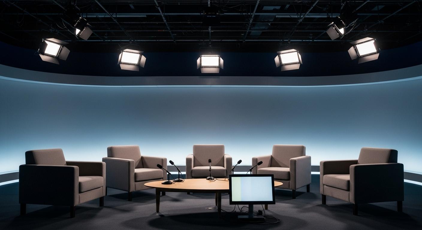 Un plateau de télévision épuré avec cinq fauteuils vides alignés devant une table basse, sous des projecteurs, dans une ambiance tendue juste avant le début de l’émission.