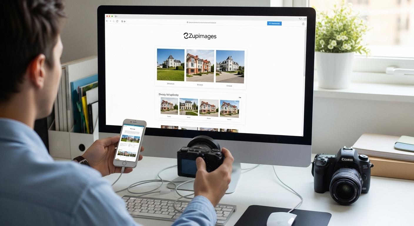 Un utilisateur assis à son bureau, devant un écran d’ordinateur affichant une page claire et simple du site Zupimage, en train de glisser plusieurs photos depuis son smartphone et son appareil photo pour les transférer rapidement en ligne.