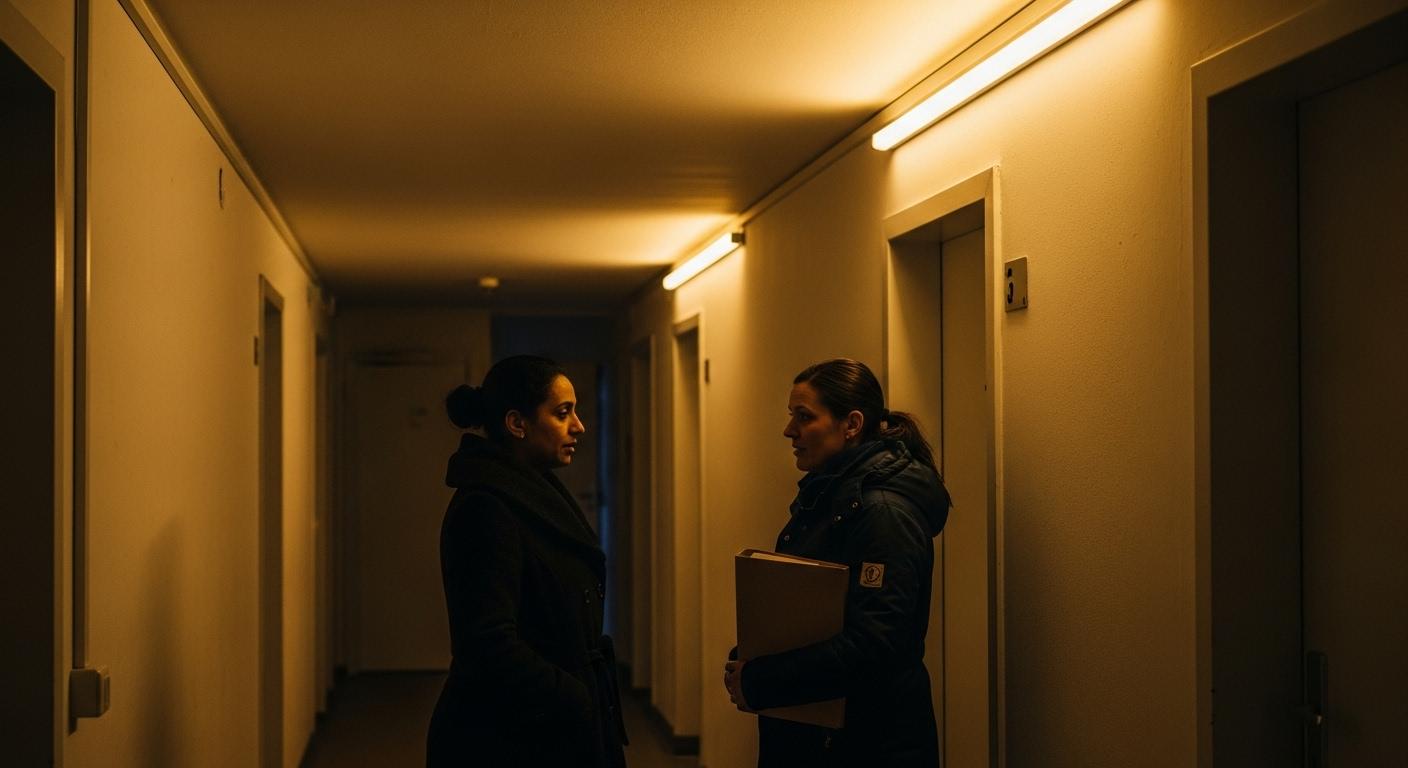 Intérieur d’un couloir d’immeuble HLM en fin de journée, murs blancs légèrement défraîchis, lumière jaune d’un néon au plafond, une femme d’origine maghrébine en manteau sombre discute avec une assistante sociale tenant un dossier cartonné, au fond des portes d’appartement fermées et une atmosphère lourde, silencieuse, marquée par la méfiance entre voisins.