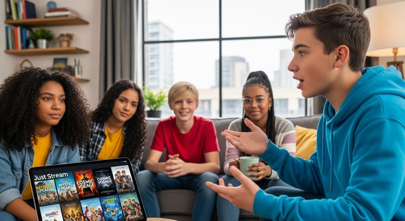 Un adolescent enthousiaste discute avec ses amis dans un salon moderne, tenant une tablette où il vient de regarder le dernier épisode d’une série populaire récemment ajoutée sur Just Stream, l’écran affichant une mosaïque colorée de nouvelles affiches de films.