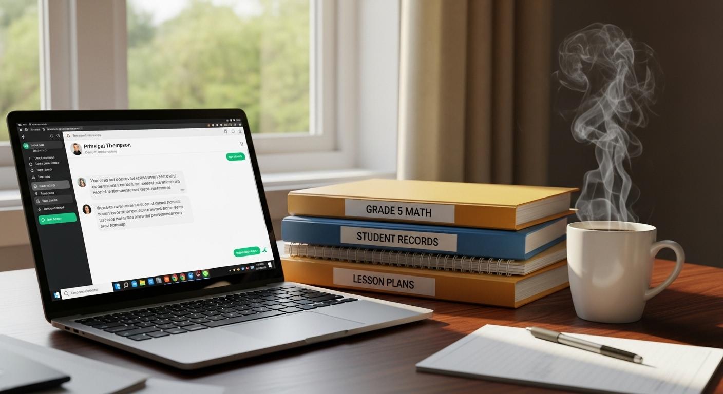 Un bureau d’enseignant à domicile avec un ordinateur portable ouvert sur une interface de messagerie sécurisée, des dossiers scolaires empilés à côté, une tasse de café fumant et la lumière du jour entrant par une fenêtre.