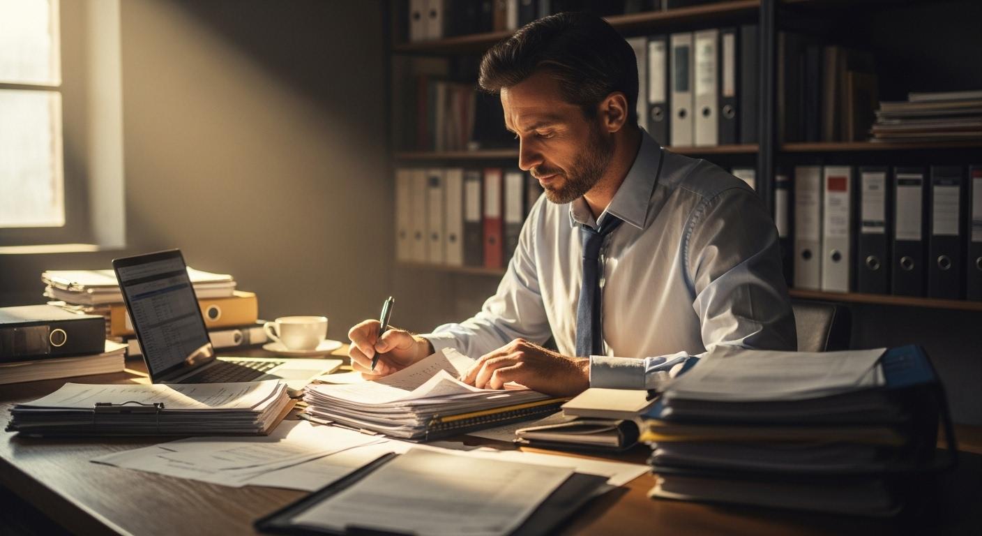 Un chef d’entreprise assis à son bureau, entouré de dossiers et de factures, en train de vérifier une pile de documents administratifs pour préparer la souscription d’une assurance, une lumière matinale éclaire la scène, ambiance studieuse et concentrée.