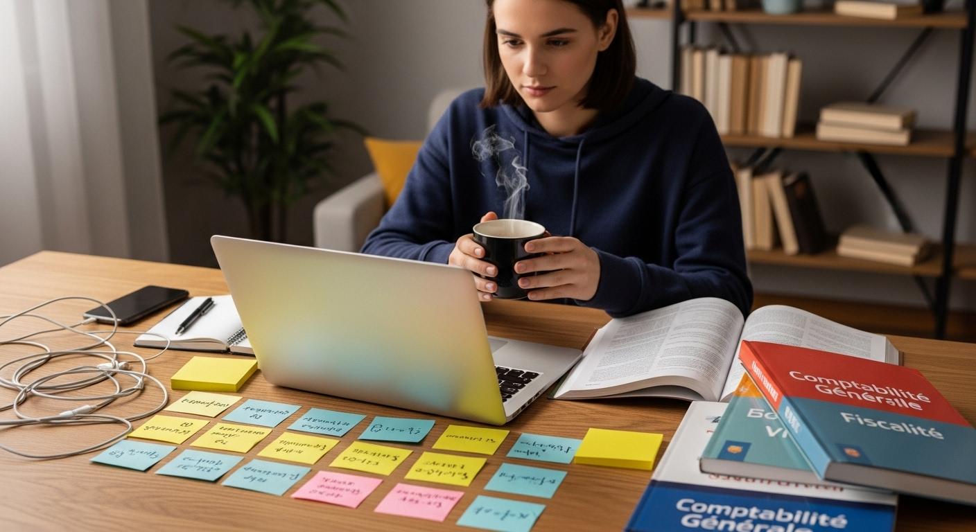 Un étudiant assis à son bureau devant un ordinateur portable, sur lequel se trouvent des manuels de comptabilité ouverts, entouré de notes colorées, une tasse de café à la main, illustrant le travail quotidien à distance pour réussir le DCG Studi.