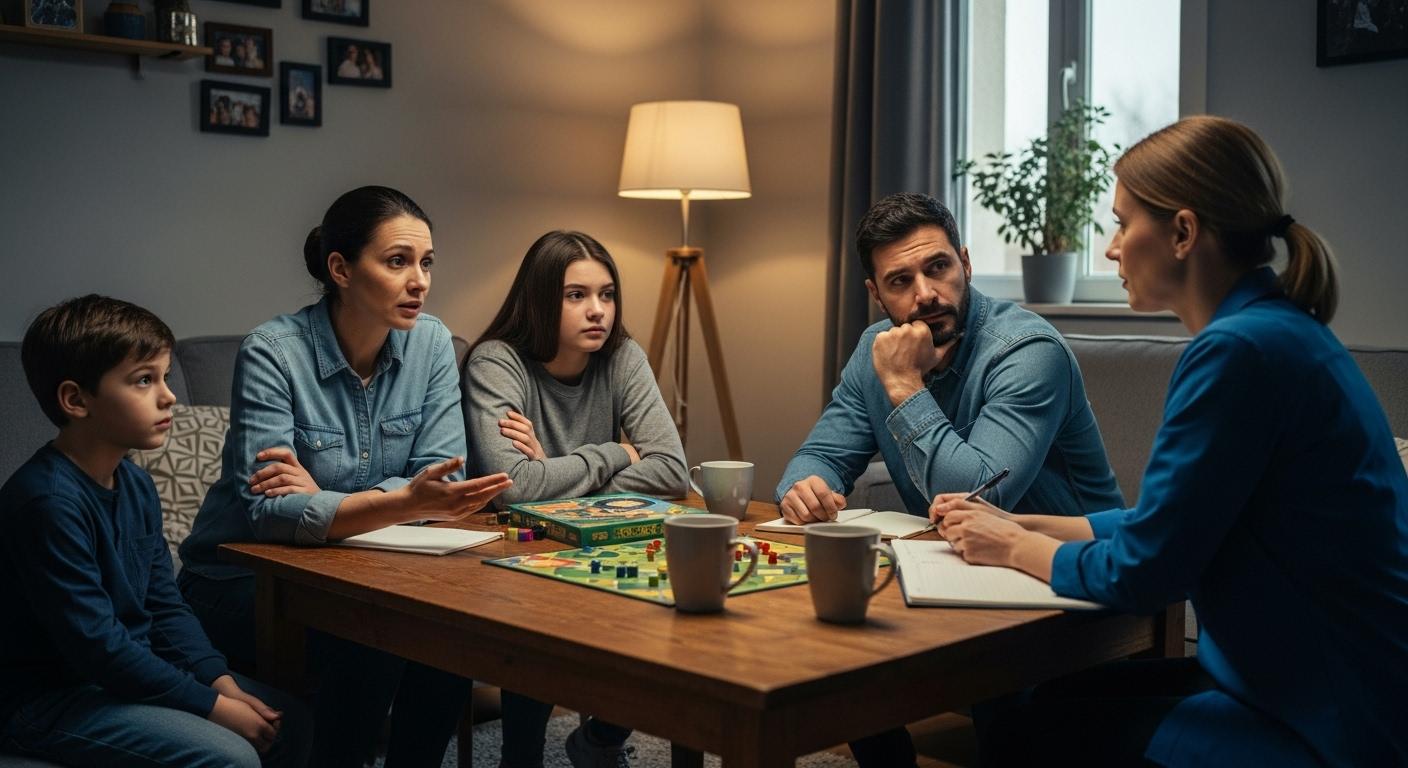Une famille réunie autour d'une table dans un salon, discutant avec une assistante sociale, leurs visages expriment à la fois l'espoir, le doute et la réflexion, une ambiance à la fois chaleureuse et empreinte d'incertitude.