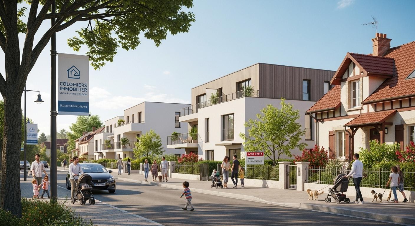 Une rue résidentielle à Colomiers avec des maisons avec jardin, des immeubles modernes et des familles se promenant, illustrant le dynamisme immobilier local.