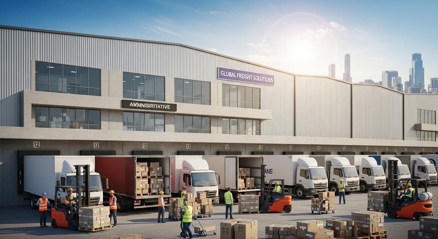 Vue réaliste d’un grand entrepôt logistique moderne en périphérie d’une ville, camions de livraison alignés devant des quais, employés en gilets fluo s’activant autour des palettes, ciel dégagé, ambiance dynamique et organisée.