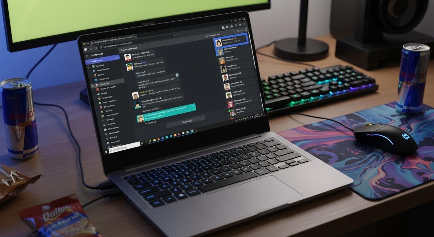 Sur l’écran d’un ordinateur portable, plusieurs joueurs Roblox discutent sur Discord, repérant ensemble un nouveau code bonus à utiliser pendant une session de jeu intense, entourés de boissons, souris et claviers lumineux.