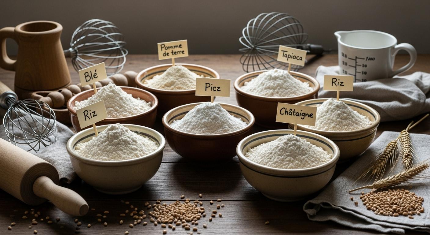 Un plan de travail de cuisine avec divers petits bols remplis de farine de blé, fécule de pomme de terre, tapioca, farine de riz, châtaigne et sarrasin, chacun étiqueté, au milieu d'accessoires de pâtisserie traditionnels