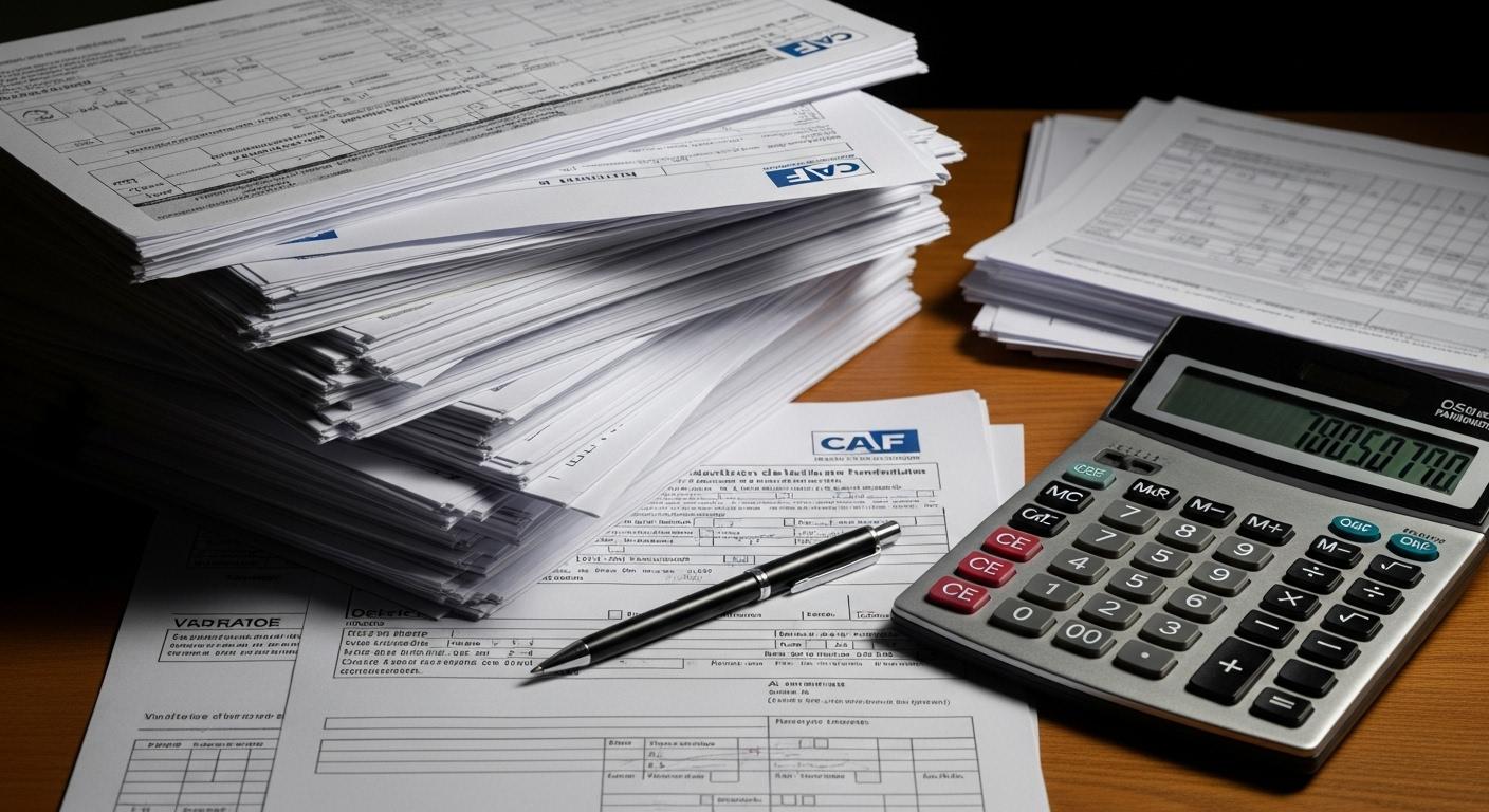 Une pile de formulaires administratifs sur une table, avec une calculatrice et un stylo posés à côté, montrant la complexité et la concentration nécessaire pour remplir les dossiers CAF