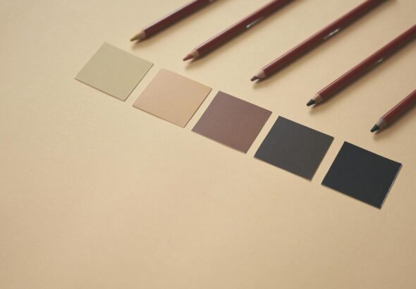 palette de nuances ébène émeraude écarlate écru posée sur table lumineuse