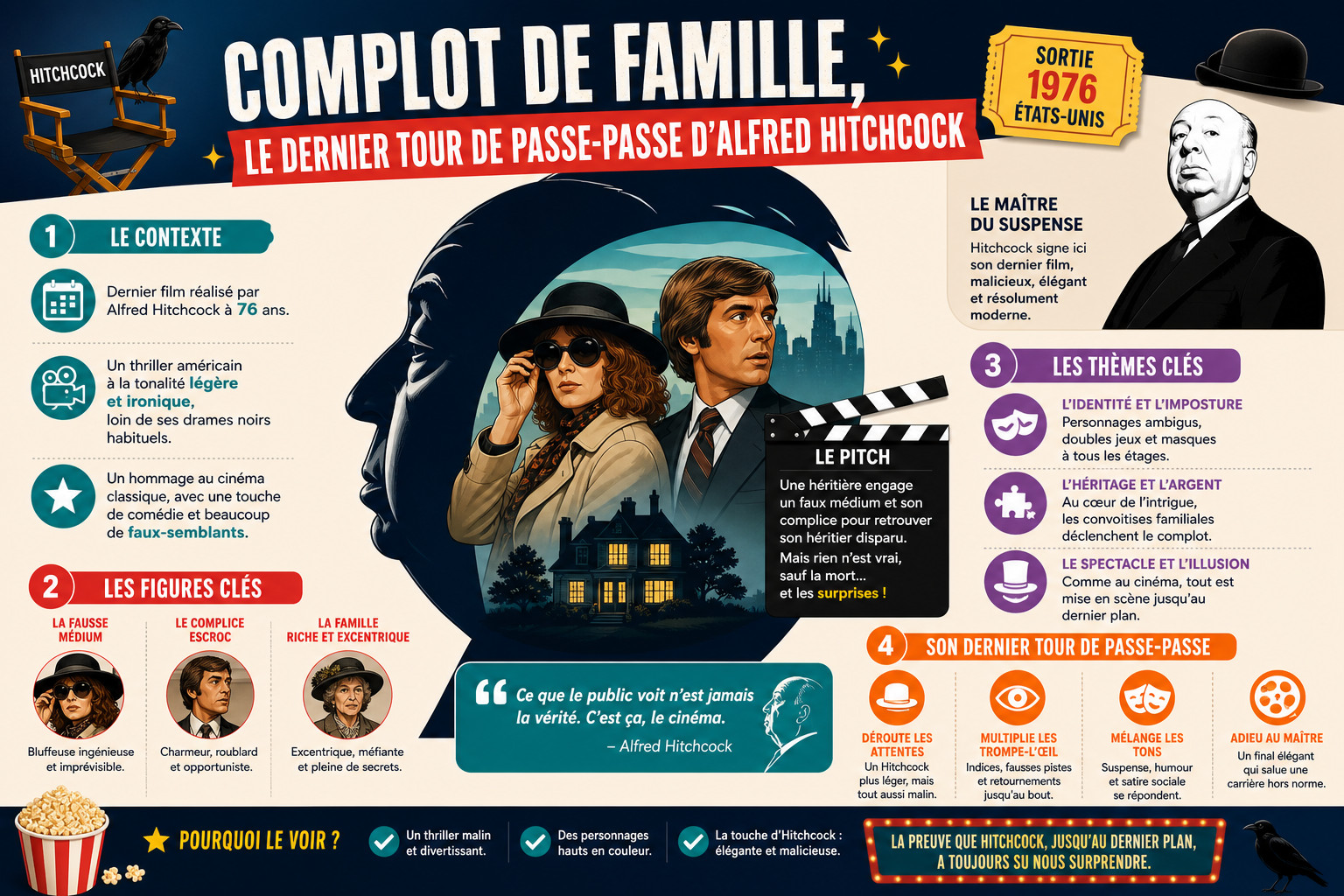 Infographie : Complot de famille, le dernier tour de passe-passe d'Alfred Hitchcock