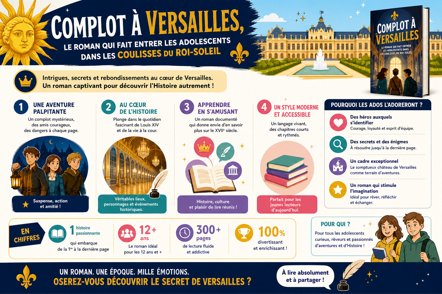 Infographie : Complot à Versailles, le roman qui fait entrer les adolescents dans les coulisses du Roi-Soleil