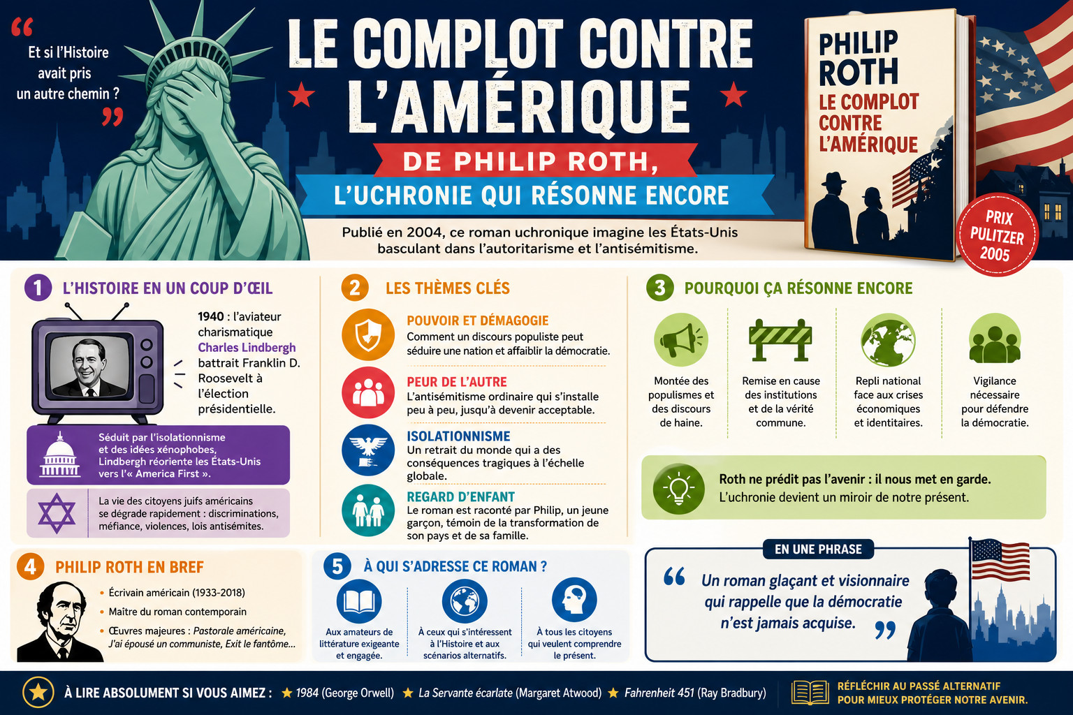 Infographie : Le complot contre l'Amérique de Philip Roth, l'uchronie qui résonne encore